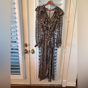 Carolina Herrera Olive and Gold Leopard-Print Silk Ruffle Wrap Dress